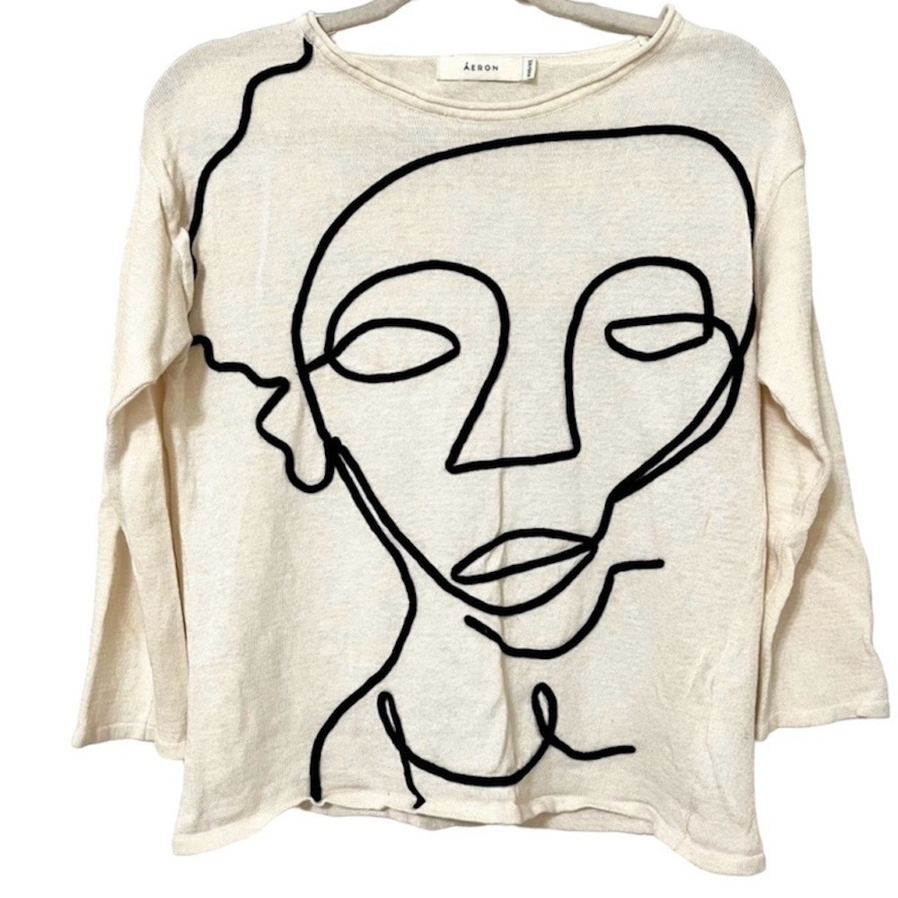 Cream Sweater with Black Abstract Design